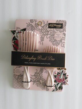 (#132) Ed Hardy Detangling Brush Duo 2-Piece Set Pink On-The-Go Wet or Dry Hair